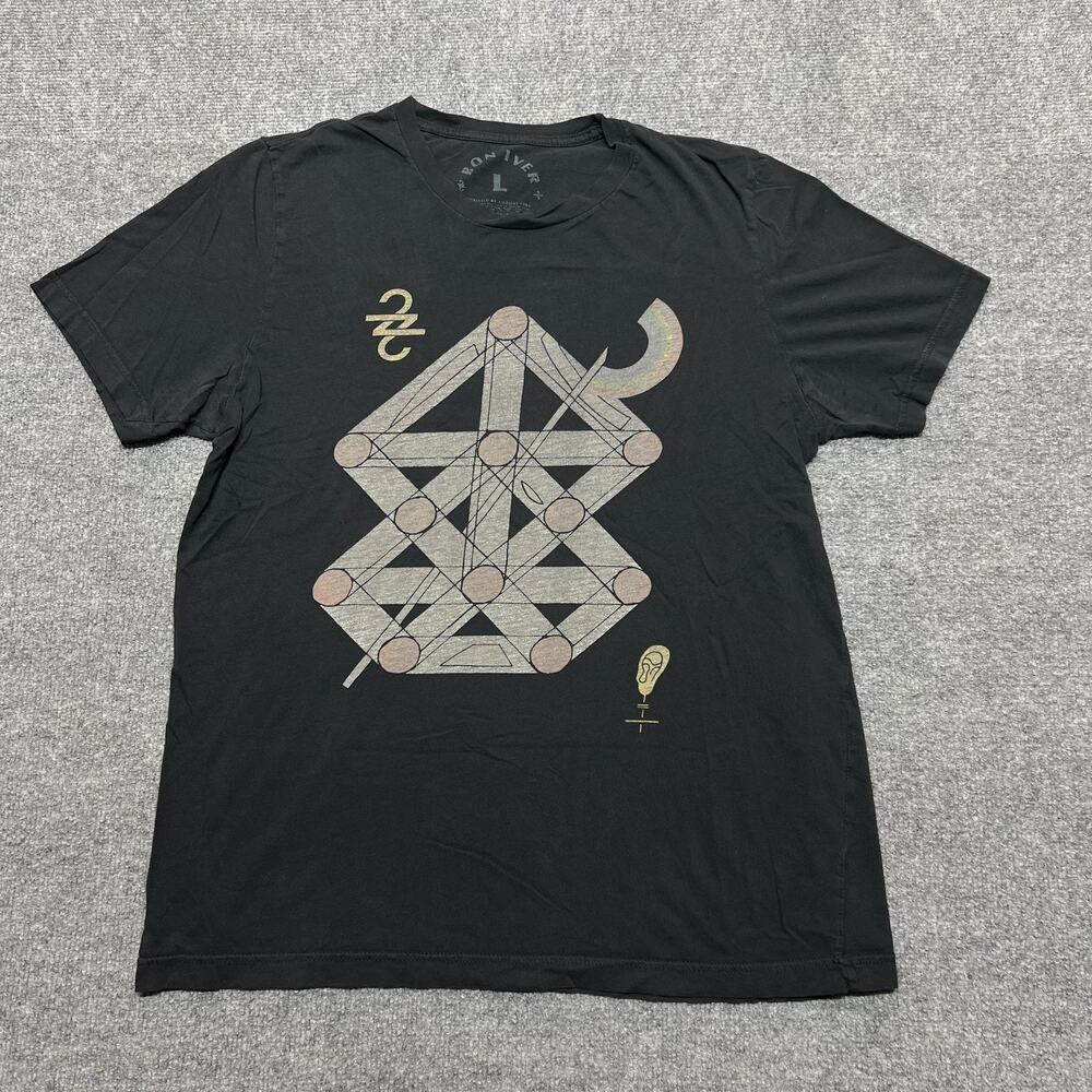 Bon Iver Shirt Mens Large Black Geometric Graphic Lyrics Back Band T-Shirt